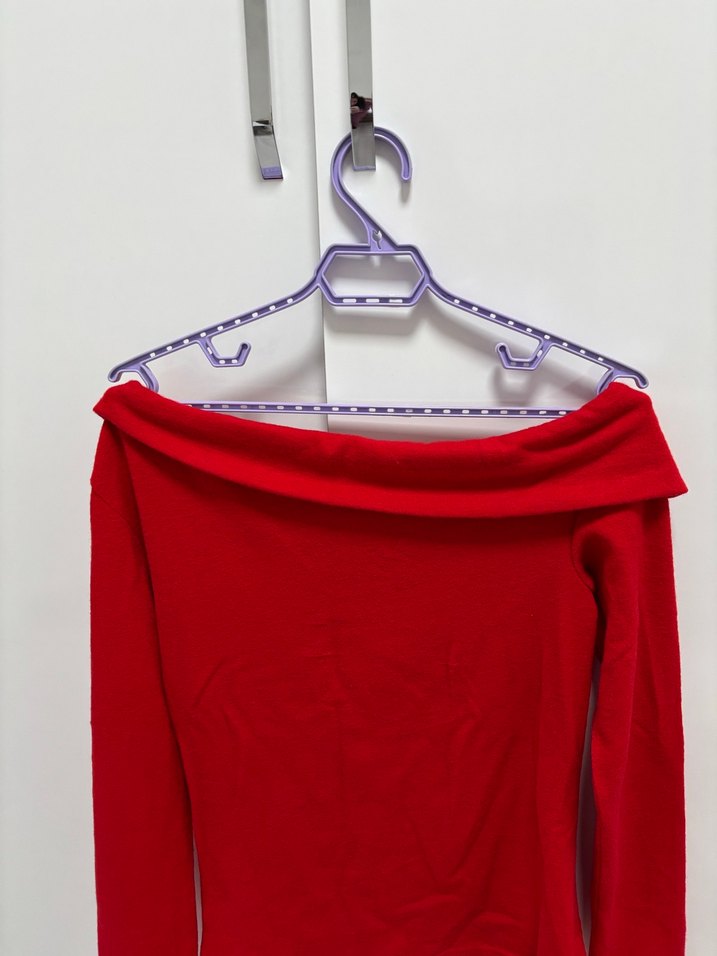 Kırmızı Uzun Kollu Kayık Yaka Kadın Kazak - Görsel 3