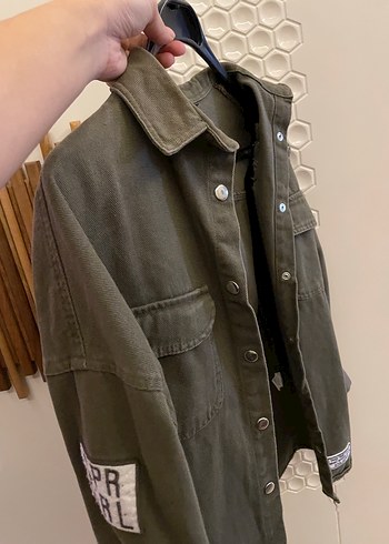 s Beden haki Renk Düğmeli Yeşil Nakışlı Denim Ceket