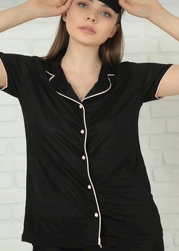 l Beden siyah Renk Siyah Midi Kadın Kısa Kollu Pijama Takımı