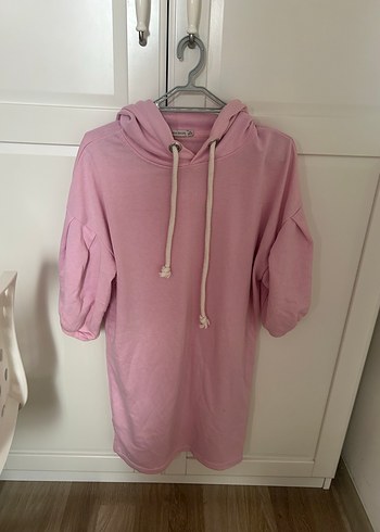 xs Beden pembe Renk Pembe Kapüşonlu Kısa Kollu Salaş Sweatshirt