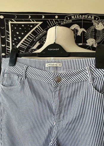 42 Beden Düğmeli Çizgili Mavi Denim Kadın Pantolon