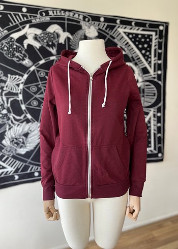 Bordo Kapüşonlu Fermuarlı Sweatshirt