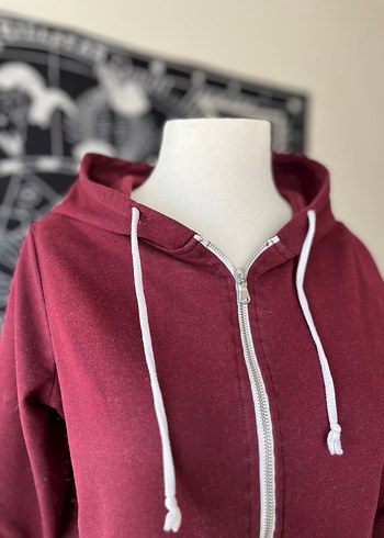 s Beden bordo Renk Bordo Kapüşonlu Fermuarlı Sweatshirt