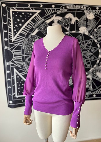 Mor Düğmeli V Yaka Kadın Triko - Görsel 2