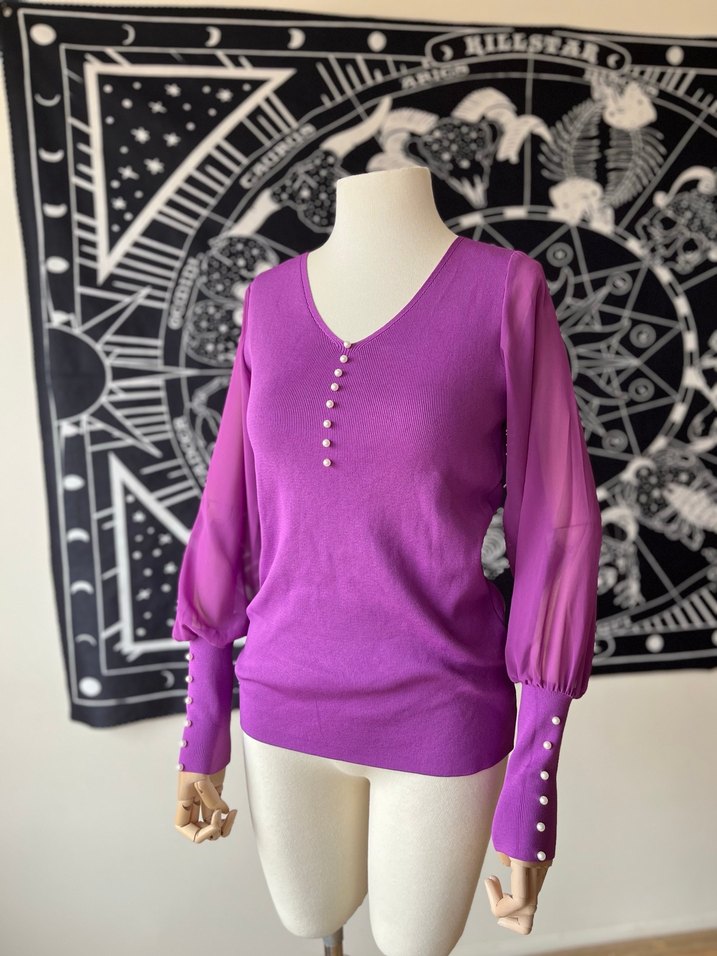Mor Düğmeli V Yaka Kadın Triko - Görsel 2