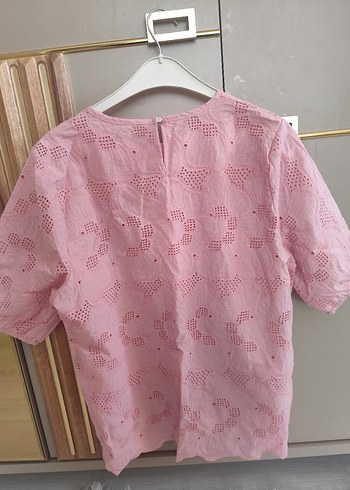 xxl Beden pembe Renk Pembe Dantel İşlemeli Keten Bluz