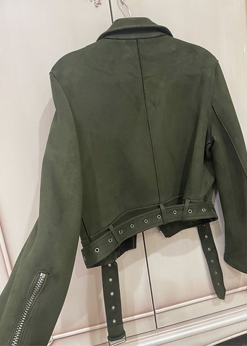 Kadın Yeşil Süet Biker Deri Ceket - Görsel 5