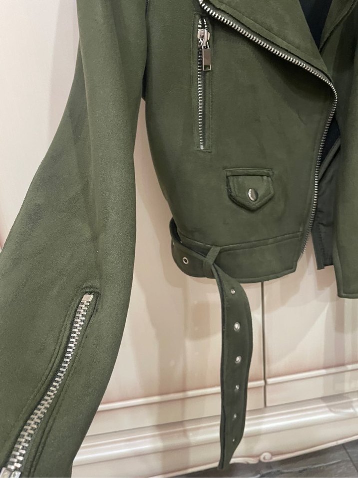 Kadın Yeşil Süet Biker Deri Ceket - Görsel 2