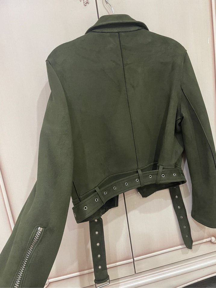 Kadın Yeşil Süet Biker Deri Ceket - Görsel 5