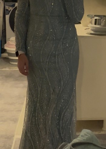 Uzun Kollu Boncuk İşlemeli Yılan Desenli Abiye - Görsel 11