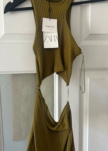 Zara Drapeli Straplez Uzun Haki Elbise