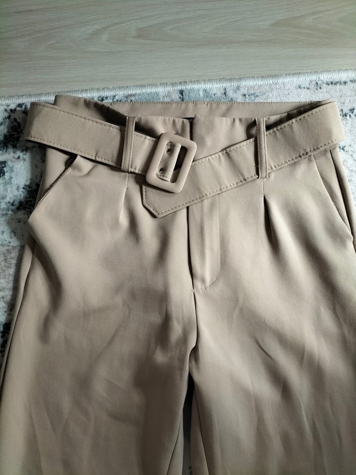 Kemer Detaylı Bej Kadın Kumaş Pantolon - Görsel 3