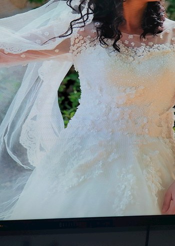 Uzun Kollu Beyaz A-Line Gelinlik - Görsel 12