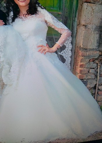 Uzun Kollu Beyaz A-Line Gelinlik - Görsel 4