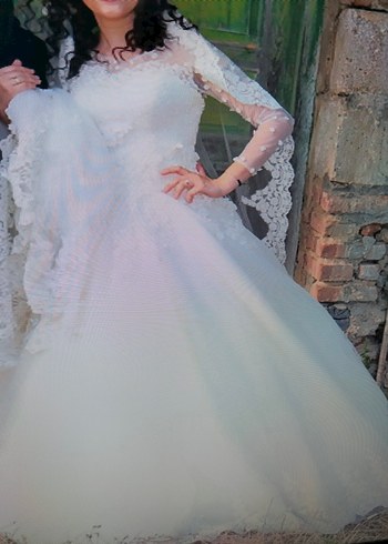 Uzun Kollu Beyaz A-Line Gelinlik - Görsel 5