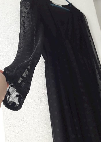 Puantiye Desenli Siyah Uzun V Yakalı Elbise - Görsel 18