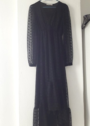 Puantiye Desenli Siyah Uzun V Yakalı Elbise - Görsel 7