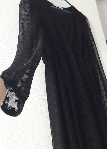 Puantiye Desenli Siyah Uzun V Yakalı Elbise - Görsel 13