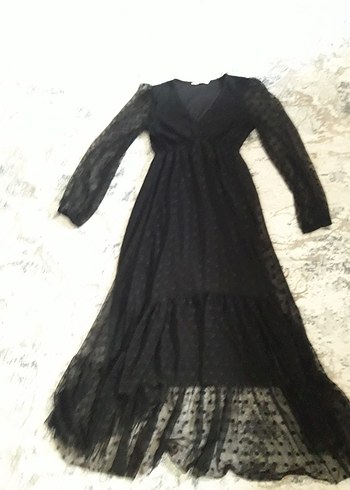 Puantiye Desenli Siyah Uzun V Yakalı Elbise - Görsel 16