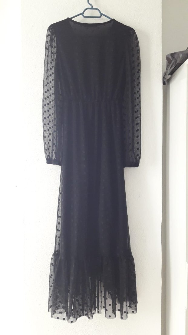 Puantiye Desenli Siyah Uzun V Yakalı Elbise - Görsel 3