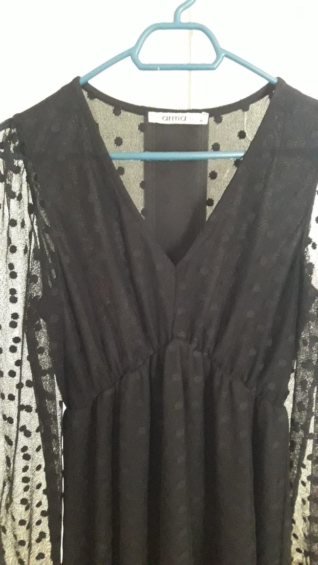 Puantiye Desenli Siyah Uzun V Yakalı Elbise - Görsel 2