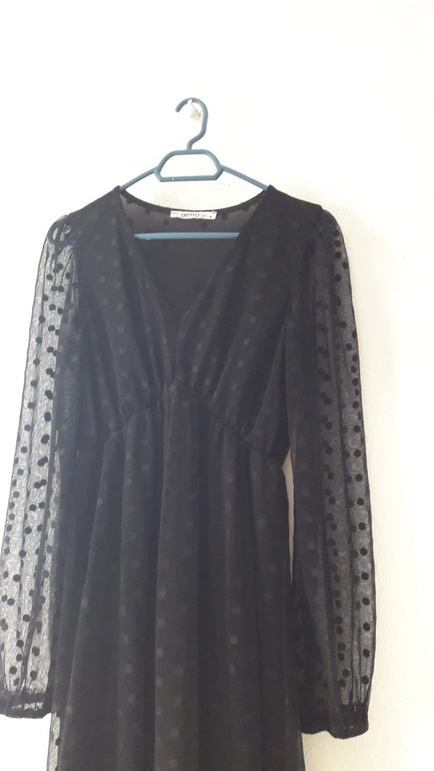 Puantiye Desenli Siyah Uzun V Yakalı Elbise - Görsel 4