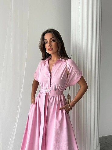 l Beden Gömlek yaka pembe elbise