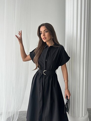 Bershka Gömlek yaka siyah elbise