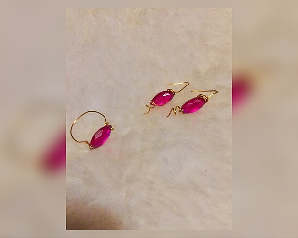 Gold Pembe Taşlı Küpe & Yüzük Seti