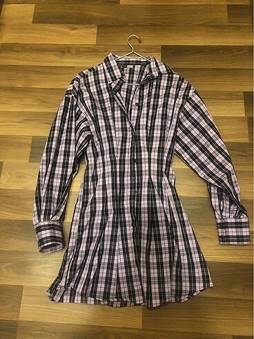 H&M, 34 beden, mor pötikareli mini gömlek elbise, tunik olarak 
