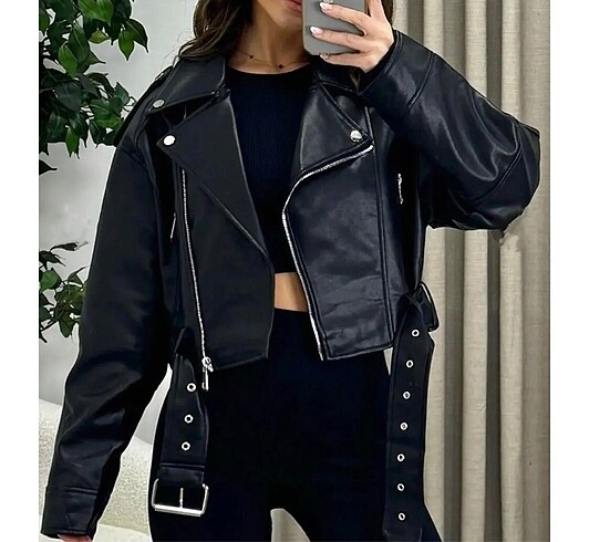 m Beden Kadın siyah deri ceket oversize crop zara model