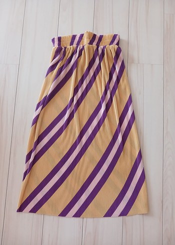 Pembe Çizgili Pilili Midi Etek - Görsel 6