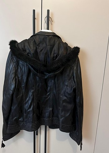 Kürklü Siyah Deri Kadın Biker Ceket - Görsel 2