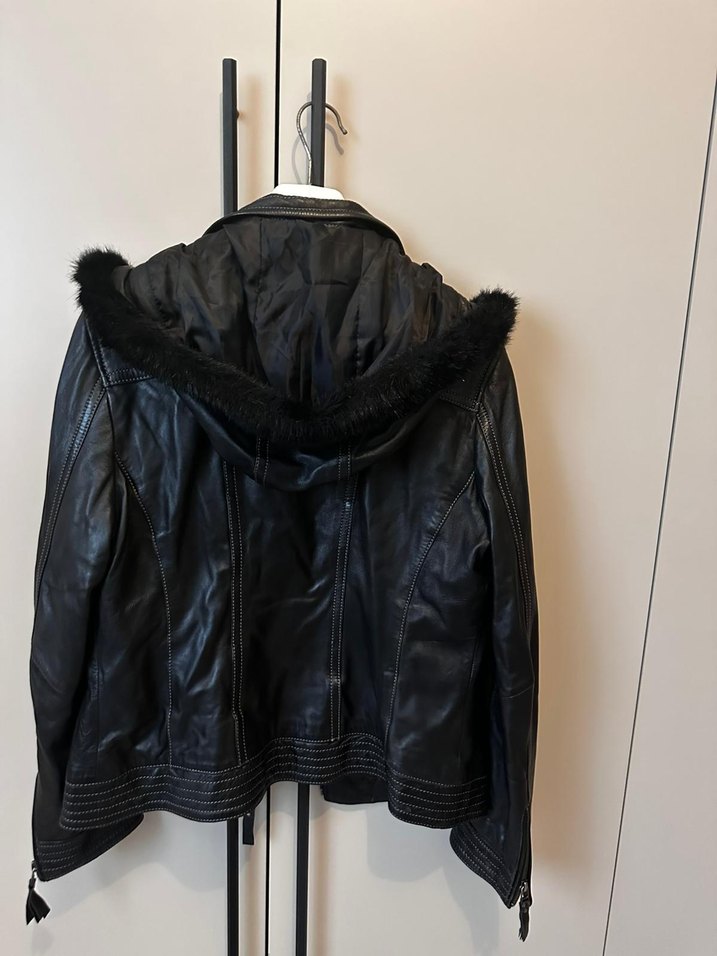 Kürklü Siyah Deri Kadın Biker Ceket - Görsel 2