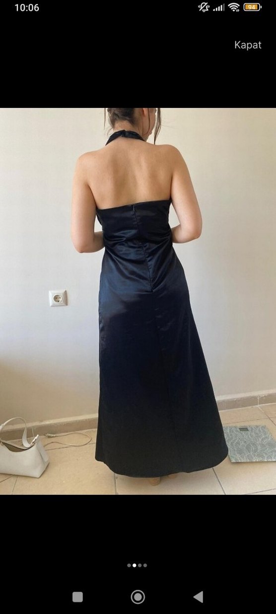 Siyah Pilili V Yaka Uzun Abiye Elbise - Görsel 3