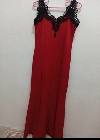 Kırmızı Dantelli V Yaka Uzun  balık Elbise - Görsel 2