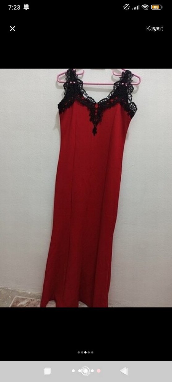 Kırmızı Dantelli V Yaka Uzun  balık Elbise - Görsel 2