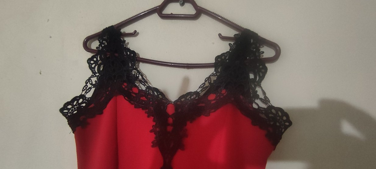 Kırmızı Dantelli V Yaka Uzun  balık Elbise - Görsel 3