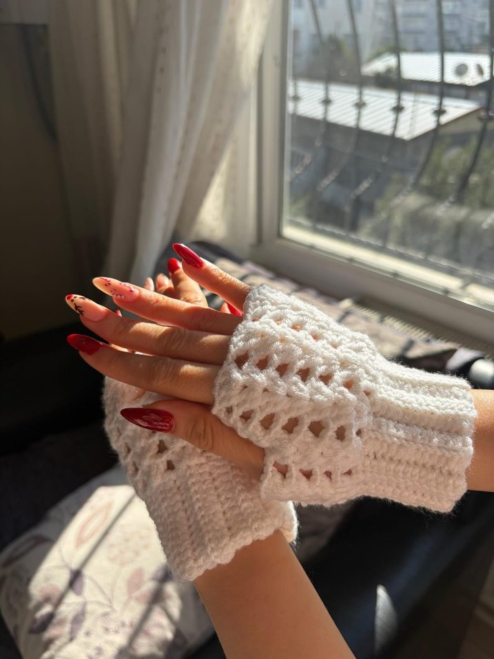 Dantel Detaylı Örgü Beyaz Eldiven - Görsel 4