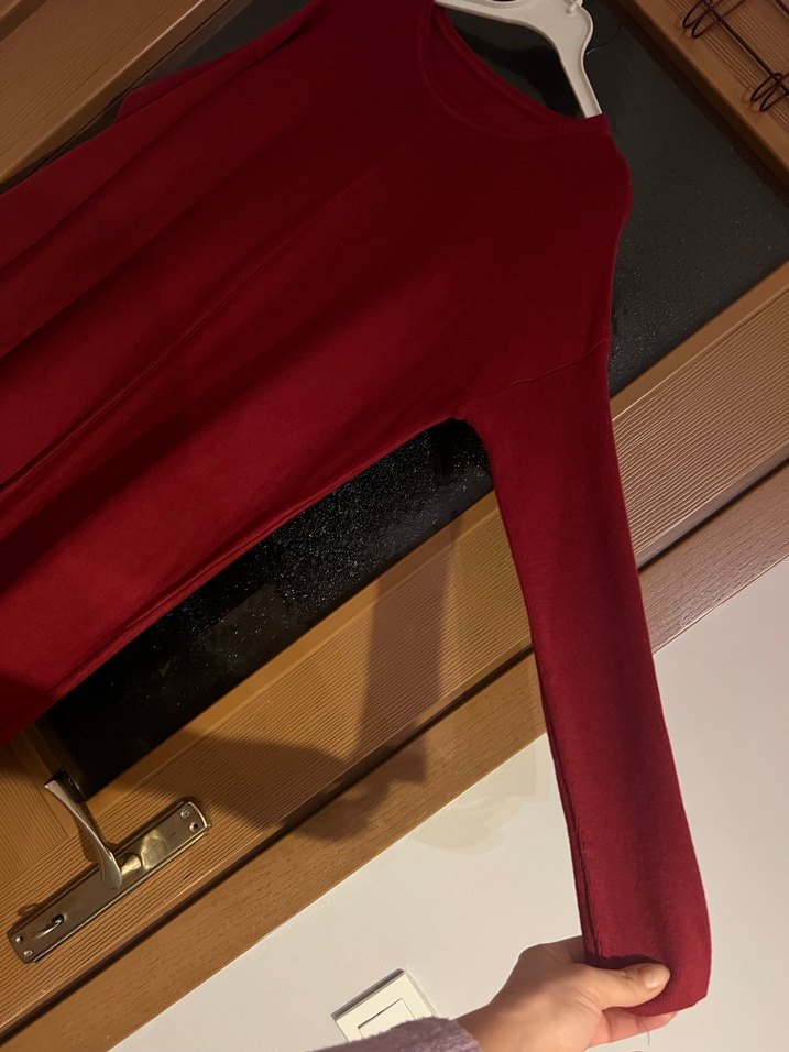 Bordo Uzun Kollu Triko Elbise Tunik - Görsel 3