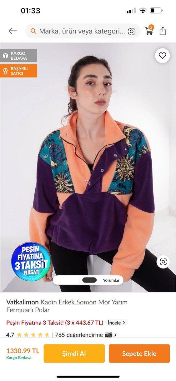 Renkli Desenli Yarım Fermuarlı Polar - Görsel 3