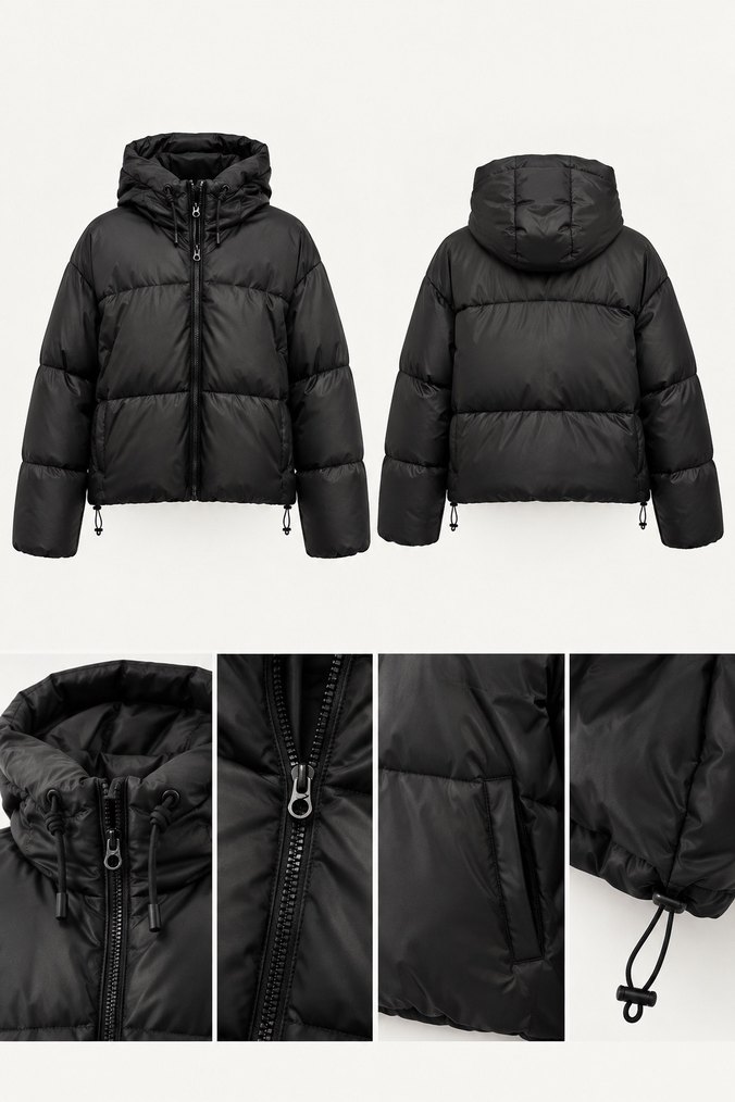 Bershka Siyah Kapüşonlu Şişme Mont — görsel 3/10