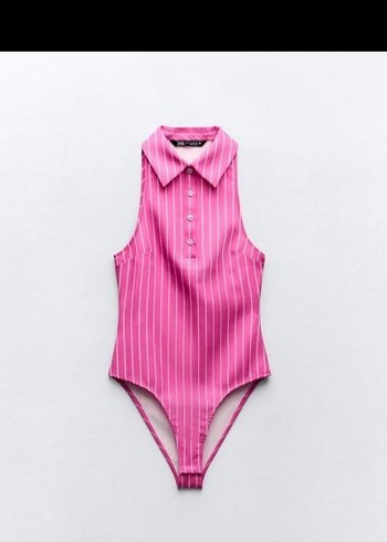 Zara Body Canli Pembe Cizgili Kolsuz Tek Parca