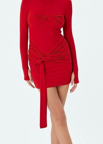 Kırmızı Uzun Kollu Drapeli Mini Elbise - Görsel 2