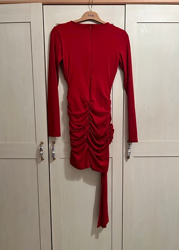 Kırmızı Uzun Kollu Drapeli Mini Elbise - Görsel 7