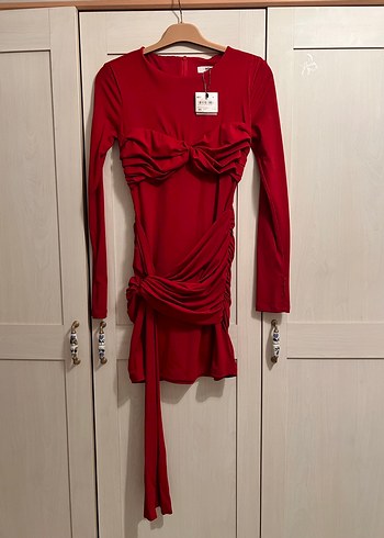 Kırmızı Uzun Kollu Drapeli Mini Elbise - Görsel 5