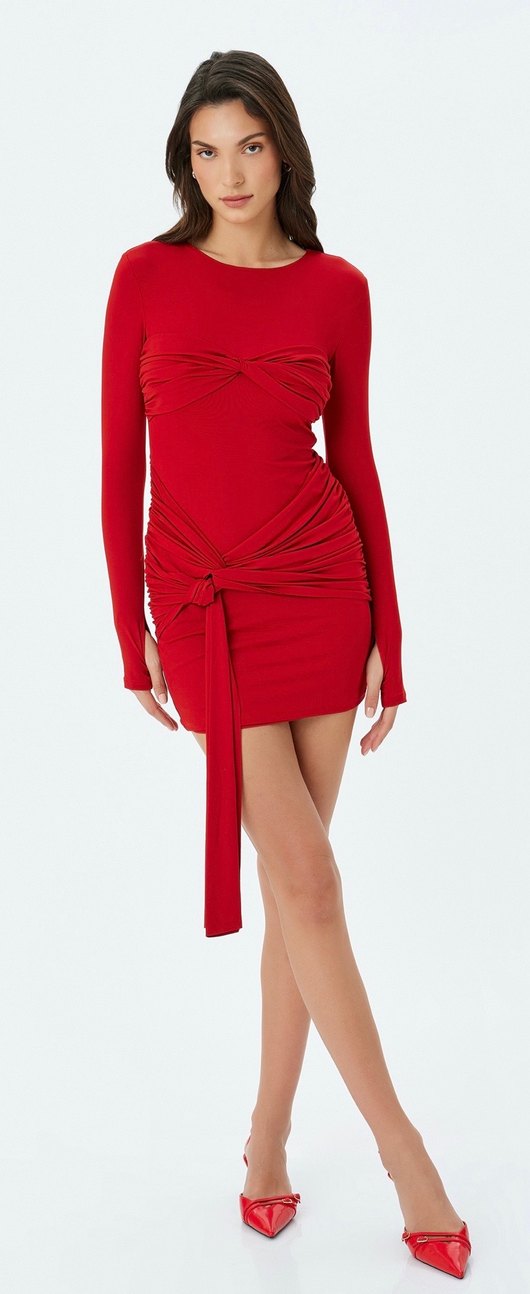Kırmızı Uzun Kollu Drapeli Mini Elbise - Görsel 2