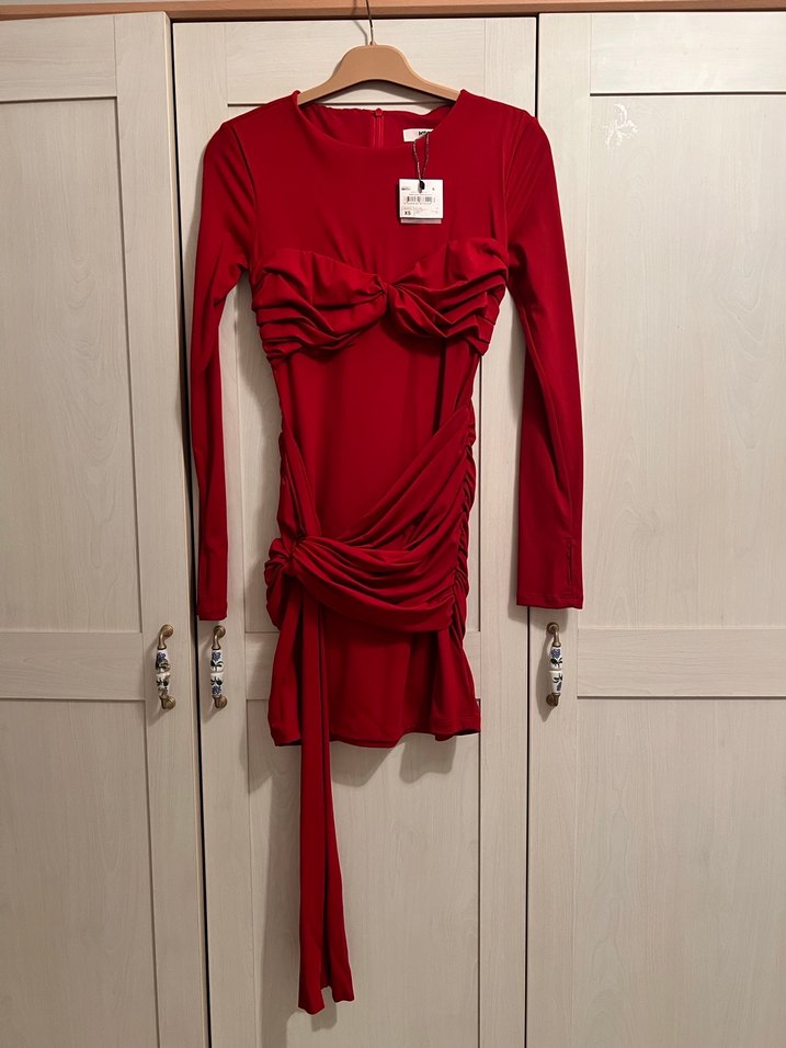 Kırmızı Uzun Kollu Drapeli Mini Elbise - Görsel 5