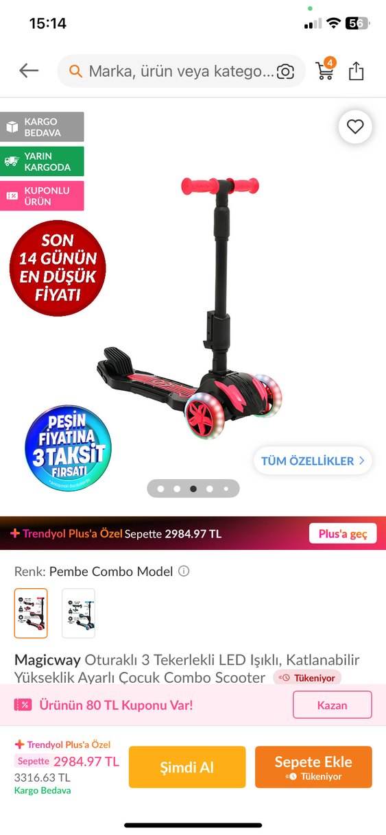 Işıklı Pembe Çocuk Scooter'ı - Görsel 2