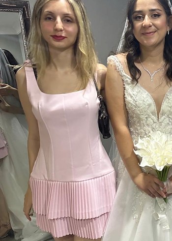 Defacto Pudra pembe Mini Straplez A-Line volanlı etekli elbise